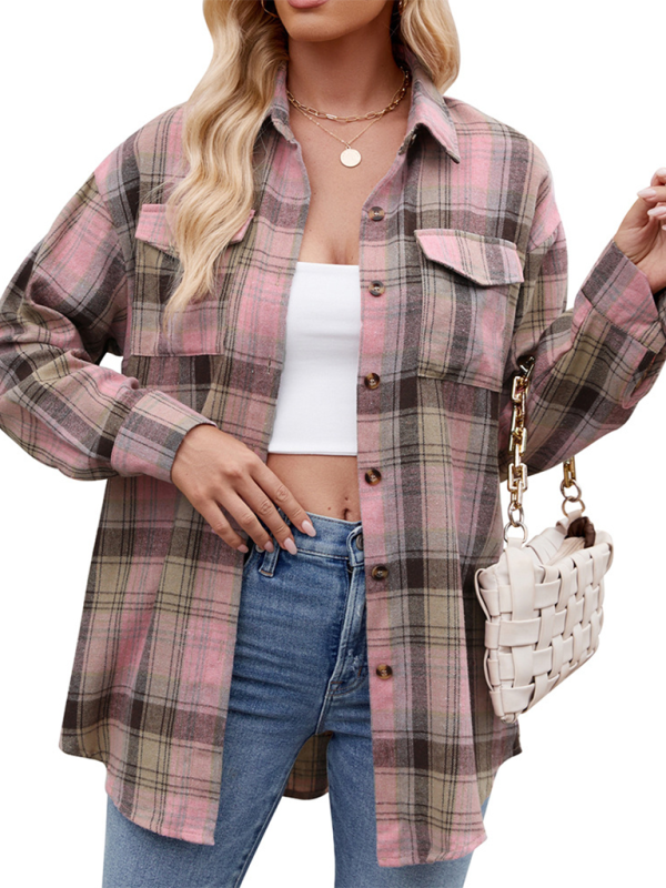 Fashion Loose Plaid Pocket Shirt-[Adult]-[Female]-2022 Online Blue Zone Planet