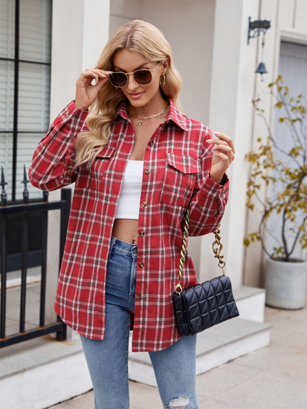 Fashion Loose Plaid Pocket Shirt-[Adult]-[Female]-Red-S-2022 Online Blue Zone Planet