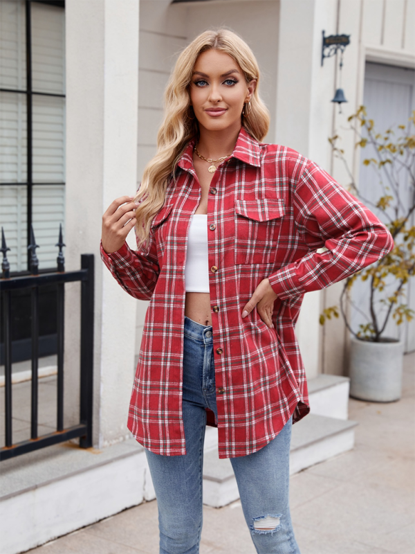 Fashion Loose Plaid Pocket Shirt-[Adult]-[Female]-2022 Online Blue Zone Planet