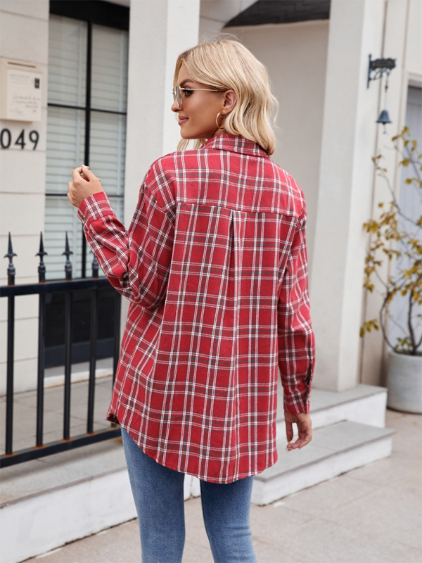 Fashion Loose Plaid Pocket Shirt-[Adult]-[Female]-2022 Online Blue Zone Planet