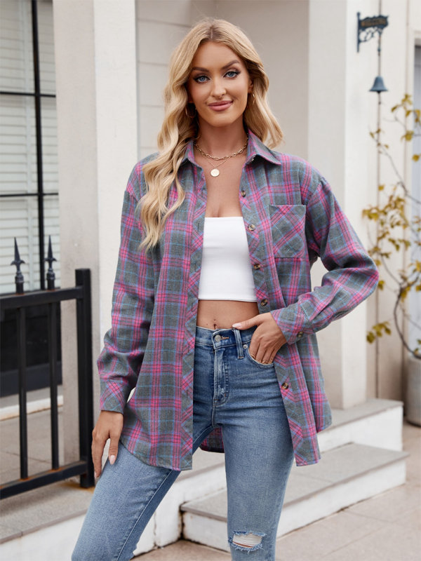 fashion hot girl loose plaid shirt-[Adult]-[Female]-Pinkpurple-S-2022 Online Blue Zone Planet