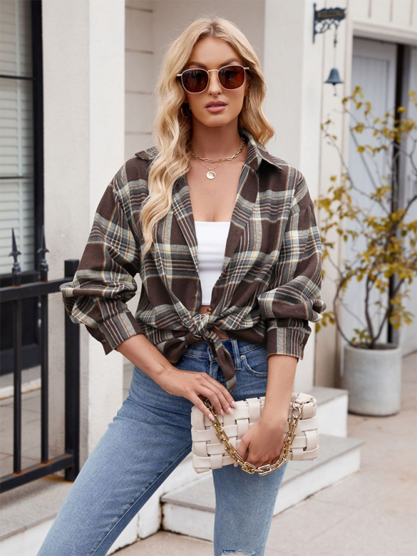 fashion street loose plaid shirt-[Adult]-[Female]-Dark Brown-S-2022 Online Blue Zone Planet