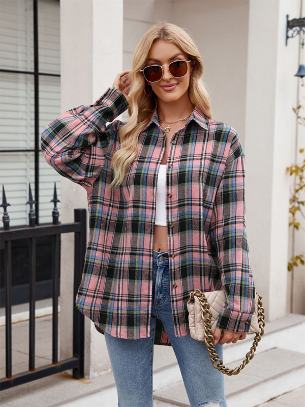 fashion street loose plaid shirt-[Adult]-[Female]-Pink-S-2022 Online Blue Zone Planet