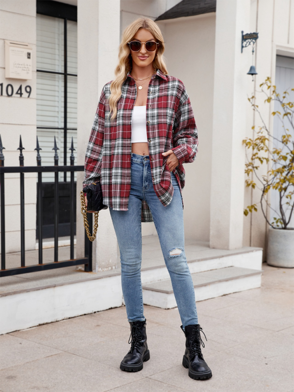 fashion street loose plaid shirt-[Adult]-[Female]-2022 Online Blue Zone Planet