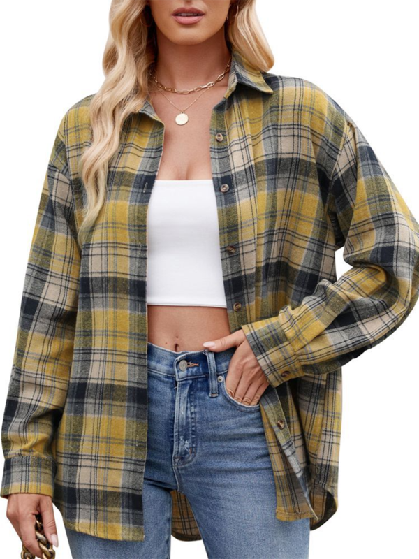 fashion street loose plaid shirt-[Adult]-[Female]-Yellow-S-2022 Online Blue Zone Planet