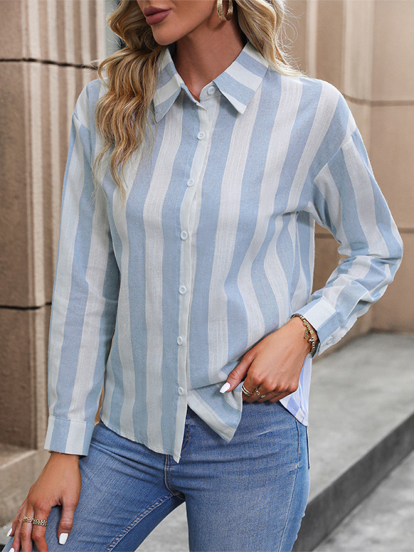 New cardigan long-sleeved commuter striped shirt-[Adult]-[Female]-Blue-S-2022 Online Blue Zone Planet