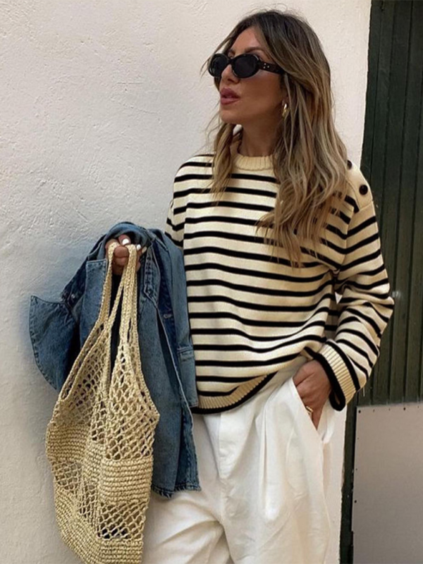 Women's Fashion Casual Striped Contrast Color Sweater-[Adult]-[Female]-2022 Online Blue Zone Planet