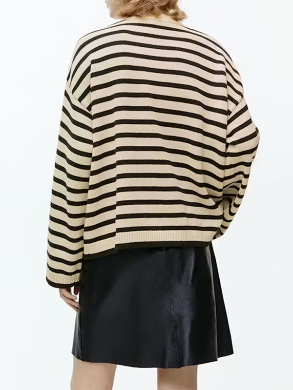 Women's Fashion Casual Striped Contrast Color Sweater-[Adult]-[Female]-2022 Online Blue Zone Planet