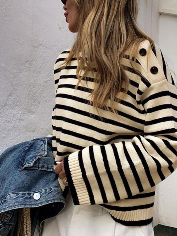 Women's Fashion Casual Striped Contrast Color Sweater-[Adult]-[Female]-2022 Online Blue Zone Planet