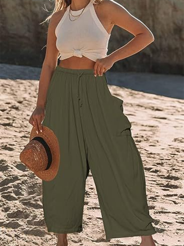 Blue Zone Planet | Women's elastic waist pleated high waist wide leg pants loose casual pants-TOPS / DRESSES-[Adult]-[Female]-Olive green-S-2022 Online Blue Zone Planet