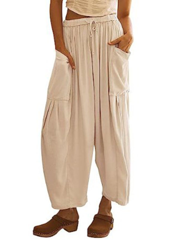 Blue Zone Planet | Women's elastic waist pleated high waist wide leg pants loose casual pants-TOPS / DRESSES-[Adult]-[Female]-Cracker khaki-S-2022 Online Blue Zone Planet