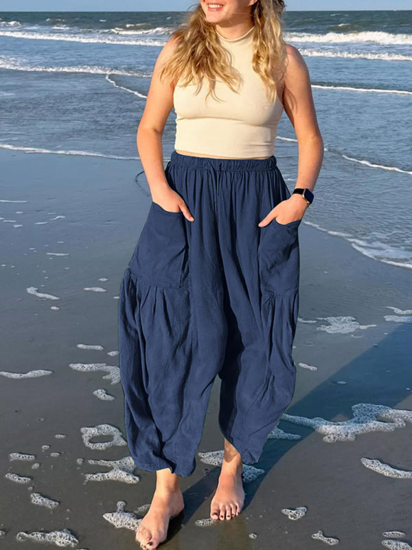 Blue Zone Planet | Women's elastic waist pleated high waist wide leg pants loose casual pants-TOPS / DRESSES-[Adult]-[Female]-Purplish blue navy-S-2022 Online Blue Zone Planet