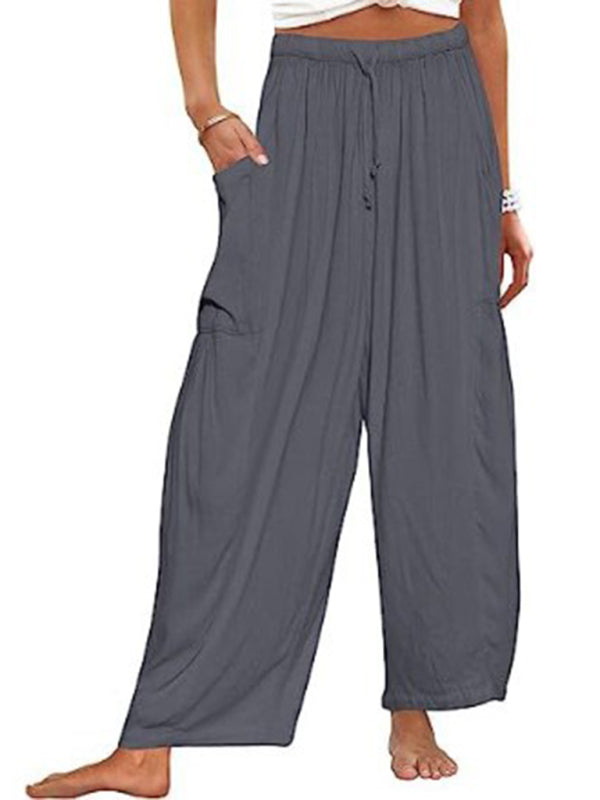 Blue Zone Planet | Women's elastic waist pleated high waist wide leg pants loose casual pants-TOPS / DRESSES-[Adult]-[Female]-Grey-S-2022 Online Blue Zone Planet