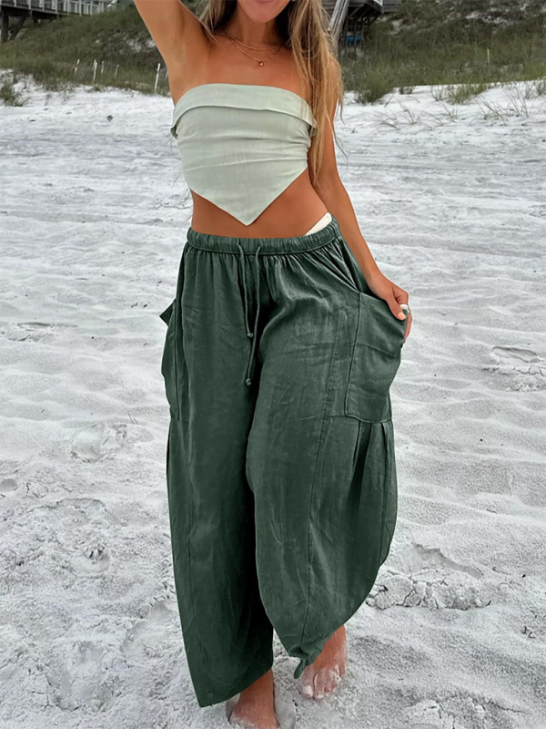 Blue Zone Planet | Women's elastic waist pleated high waist wide leg pants loose casual pants-TOPS / DRESSES-[Adult]-[Female]-2022 Online Blue Zone Planet