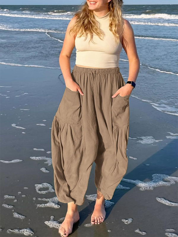 Blue Zone Planet | Women's elastic waist pleated high waist wide leg pants loose casual pants-TOPS / DRESSES-[Adult]-[Female]-Khaki-S-2022 Online Blue Zone Planet