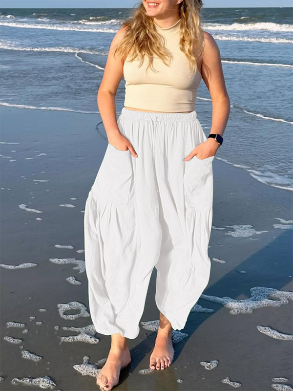 Blue Zone Planet | Women's elastic waist pleated high waist wide leg pants loose casual pants-TOPS / DRESSES-[Adult]-[Female]-White-S-2022 Online Blue Zone Planet