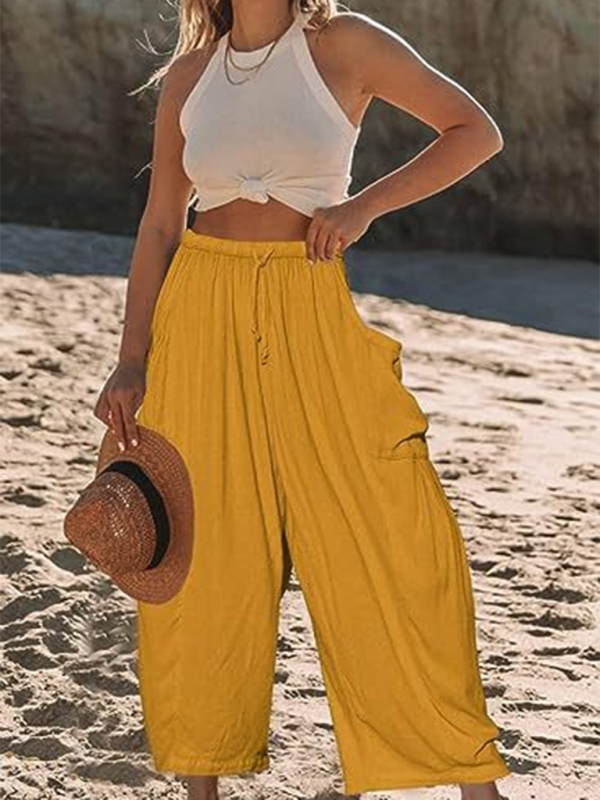 Blue Zone Planet | Women's elastic waist pleated high waist wide leg pants loose casual pants-TOPS / DRESSES-[Adult]-[Female]-Yellow-S-2022 Online Blue Zone Planet