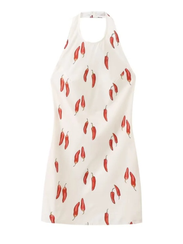 Blue Zone Planet | Sexy backless red pepper print sleeveless halterneck short dress-TOPS / DRESSES-[Adult]-[Female]-2022 Online Blue Zone Planet