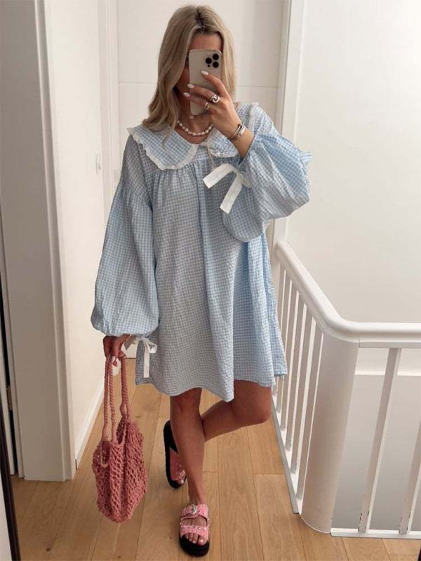 Blue Zone Planet | New style shirt doll collar long sleeve versatile lantern sleeve dress-TOPS / DRESSES-[Adult]-[Female]-Clear blue-S-2022 Online Blue Zone Planet