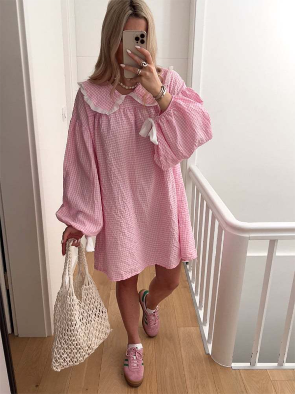 Blue Zone Planet | New style shirt doll collar long sleeve versatile lantern sleeve dress-TOPS / DRESSES-[Adult]-[Female]-Pink-S-2022 Online Blue Zone Planet