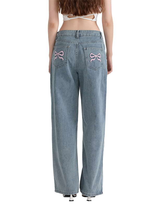 Blue Zone Planet | Bow Embroidered Casual Non-Stretch Straight Trousers-TOPS / DRESSES-[Adult]-[Female]-2022 Online Blue Zone Planet