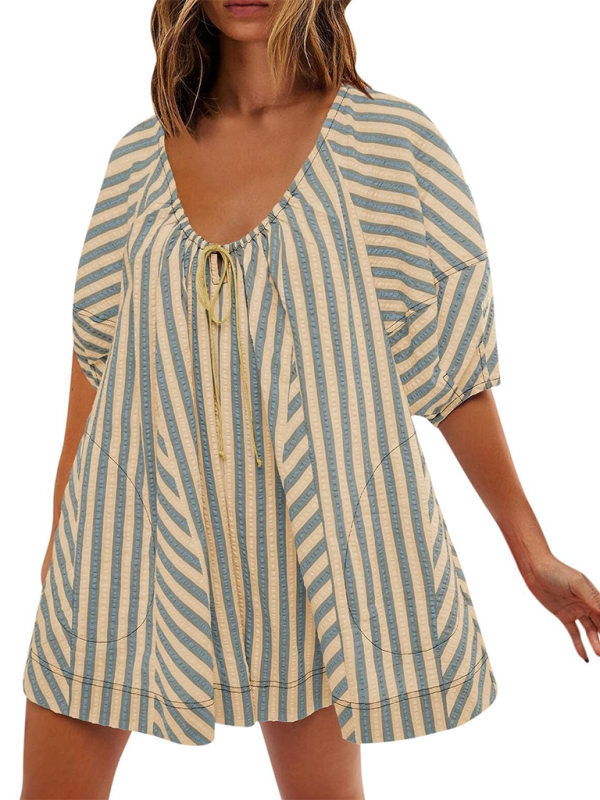 Blue Zone Planet | Short-sleeved striped jumpsuit, slim and casual, loose deep V wide-leg short jumpsuit-TOPS / DRESSES-[Adult]-[Female]-Cracker khaki-S-2022 Online Blue Zone Planet