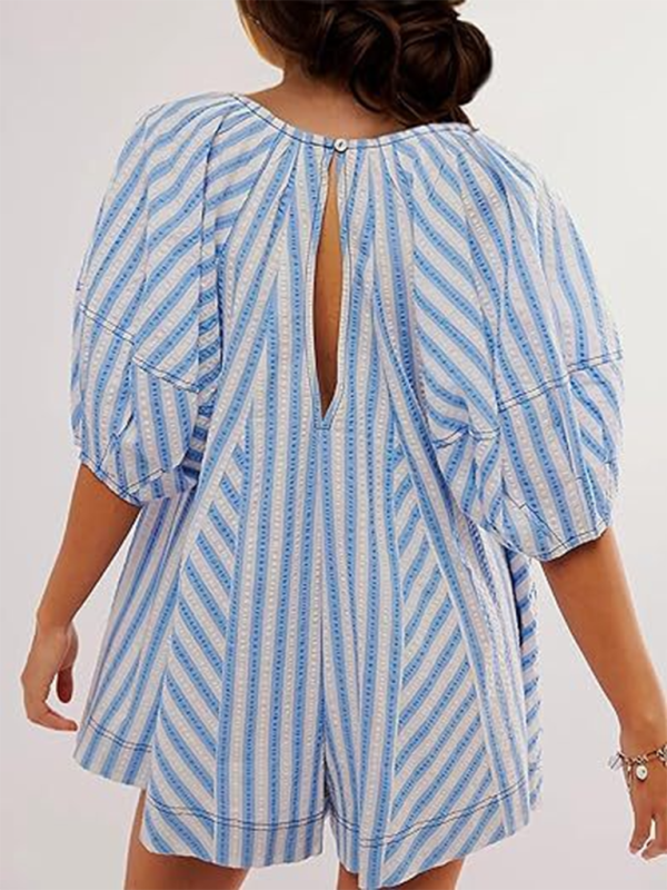 Blue Zone Planet | Short-sleeved striped jumpsuit, slim and casual, loose deep V wide-leg short jumpsuit-TOPS / DRESSES-[Adult]-[Female]-2022 Online Blue Zone Planet