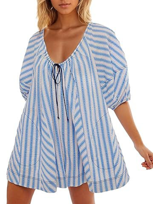 Blue Zone Planet | Short-sleeved striped jumpsuit, slim and casual, loose deep V wide-leg short jumpsuit-TOPS / DRESSES-[Adult]-[Female]-Blue-S-2022 Online Blue Zone Planet