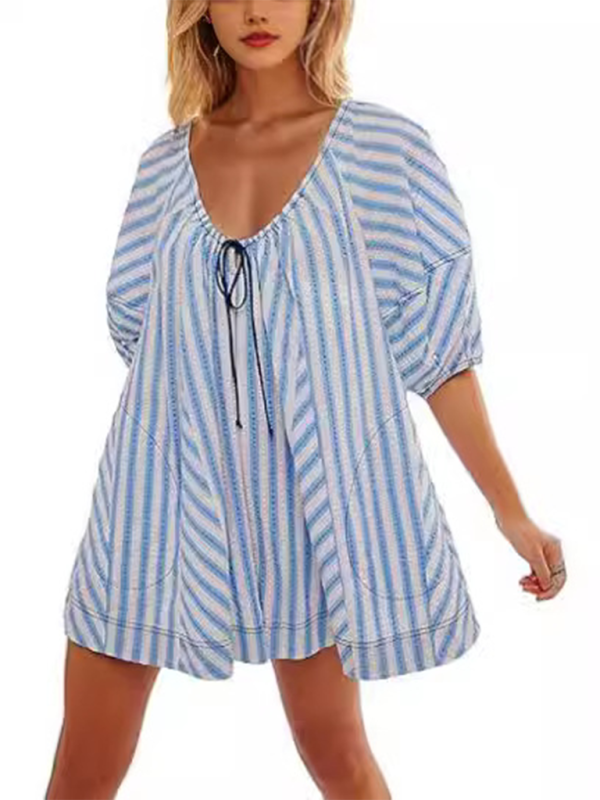 Blue Zone Planet | Short-sleeved striped jumpsuit, slim and casual, loose deep V wide-leg short jumpsuit-TOPS / DRESSES-[Adult]-[Female]-2022 Online Blue Zone Planet