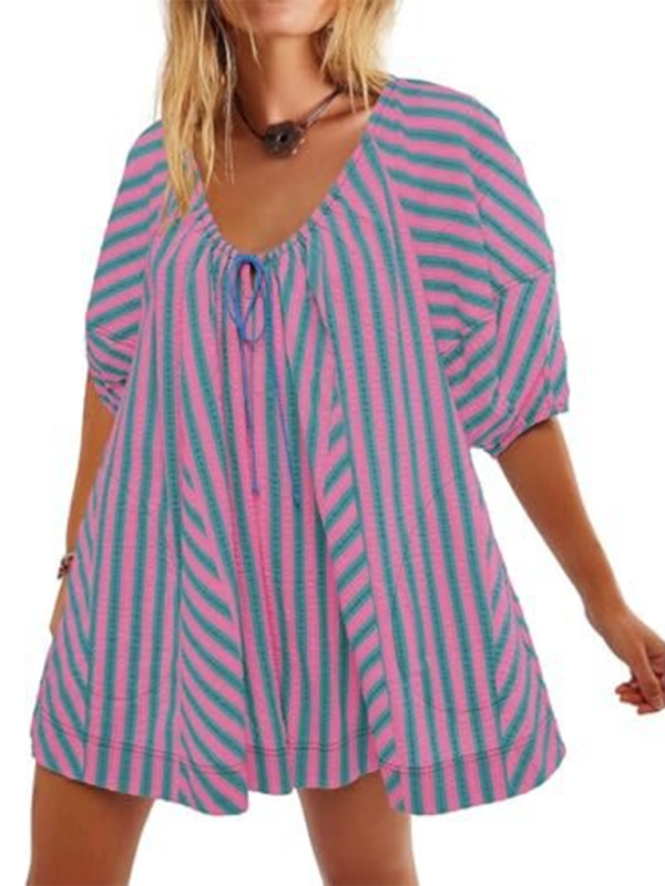 Blue Zone Planet | Short-sleeved striped jumpsuit, slim and casual, loose deep V wide-leg short jumpsuit-TOPS / DRESSES-[Adult]-[Female]-Hot pink-S-2022 Online Blue Zone Planet