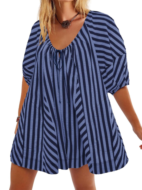 Blue Zone Planet | Short-sleeved striped jumpsuit, slim and casual, loose deep V wide-leg short jumpsuit-TOPS / DRESSES-[Adult]-[Female]-Purplish blue navy-S-2022 Online Blue Zone Planet