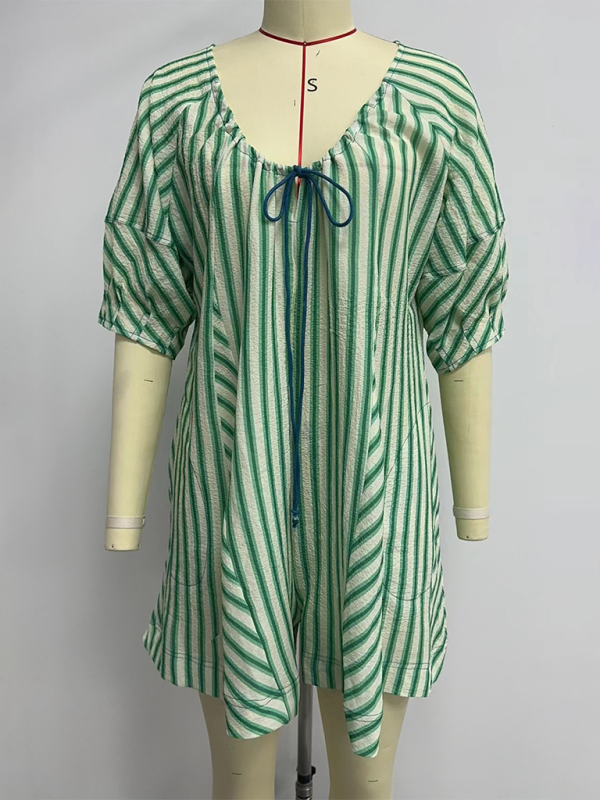 Blue Zone Planet | Short-sleeved striped jumpsuit, slim and casual, loose deep V wide-leg short jumpsuit-TOPS / DRESSES-[Adult]-[Female]-Green-S-2022 Online Blue Zone Planet