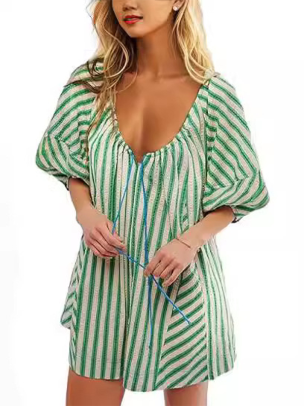 Blue Zone Planet | Short-sleeved striped jumpsuit, slim and casual, loose deep V wide-leg short jumpsuit-TOPS / DRESSES-[Adult]-[Female]-2022 Online Blue Zone Planet