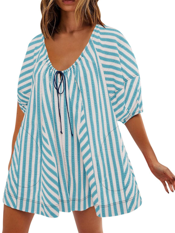 Blue Zone Planet | Short-sleeved striped jumpsuit, slim and casual, loose deep V wide-leg short jumpsuit-TOPS / DRESSES-[Adult]-[Female]-Clear blue-S-2022 Online Blue Zone Planet