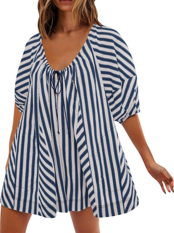 Blue Zone Planet | Short-sleeved striped jumpsuit, slim and casual, loose deep V wide-leg short jumpsuit-TOPS / DRESSES-[Adult]-[Female]-Acid blue-S-2022 Online Blue Zone Planet