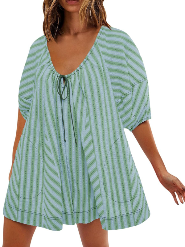 Blue Zone Planet | Short-sleeved striped jumpsuit, slim and casual, loose deep V wide-leg short jumpsuit-TOPS / DRESSES-[Adult]-[Female]-Pale green-S-2022 Online Blue Zone Planet