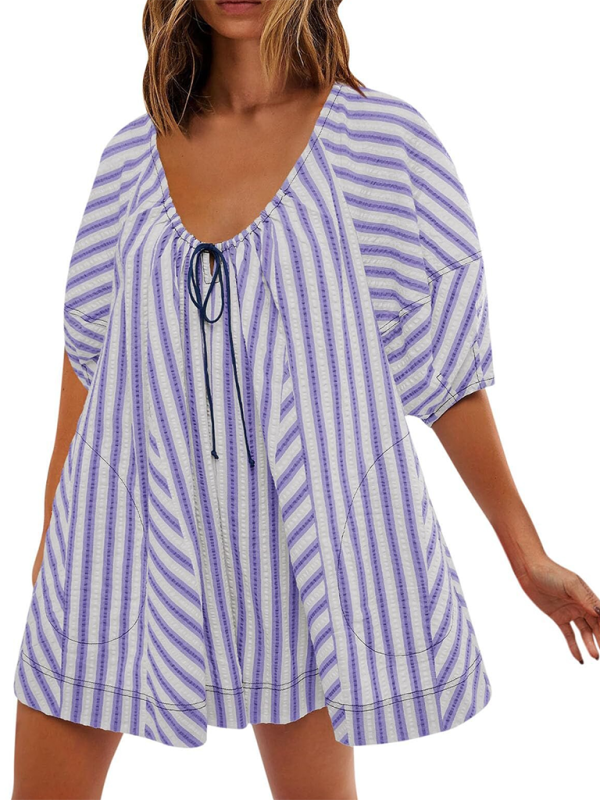 Blue Zone Planet | Short-sleeved striped jumpsuit, slim and casual, loose deep V wide-leg short jumpsuit-TOPS / DRESSES-[Adult]-[Female]-Purple-S-2022 Online Blue Zone Planet