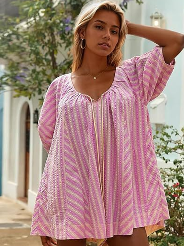 Blue Zone Planet | Short-sleeved striped jumpsuit, slim and casual, loose deep V wide-leg short jumpsuit-TOPS / DRESSES-[Adult]-[Female]-Pink-S-2022 Online Blue Zone Planet