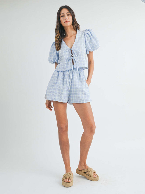 Blue Zone Planet | V-neck tie bow puff sleeve top casual shorts plaid two-piece suit-TOPS / DRESSES-[Adult]-[Female]-2022 Online Blue Zone Planet