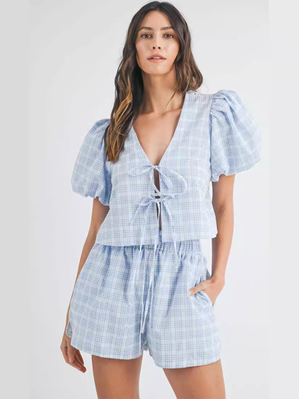 Blue Zone Planet | V-neck tie bow puff sleeve top casual shorts plaid two-piece suit-TOPS / DRESSES-[Adult]-[Female]-Blue-S-2022 Online Blue Zone Planet