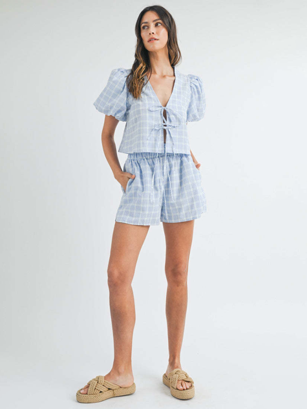 Blue Zone Planet | V-neck tie bow puff sleeve top casual shorts plaid two-piece suit-TOPS / DRESSES-[Adult]-[Female]-2022 Online Blue Zone Planet