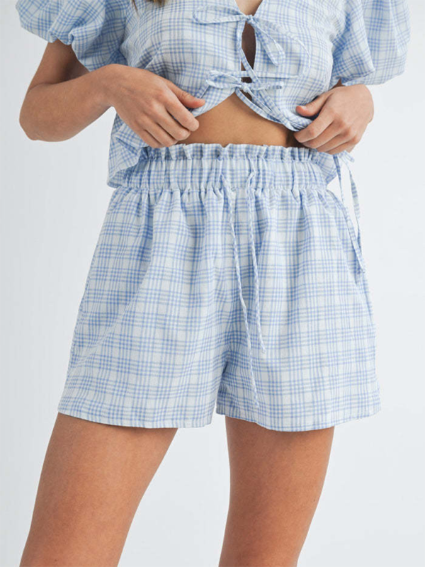 Blue Zone Planet | V-neck tie bow puff sleeve top casual shorts plaid two-piece suit-TOPS / DRESSES-[Adult]-[Female]-2022 Online Blue Zone Planet