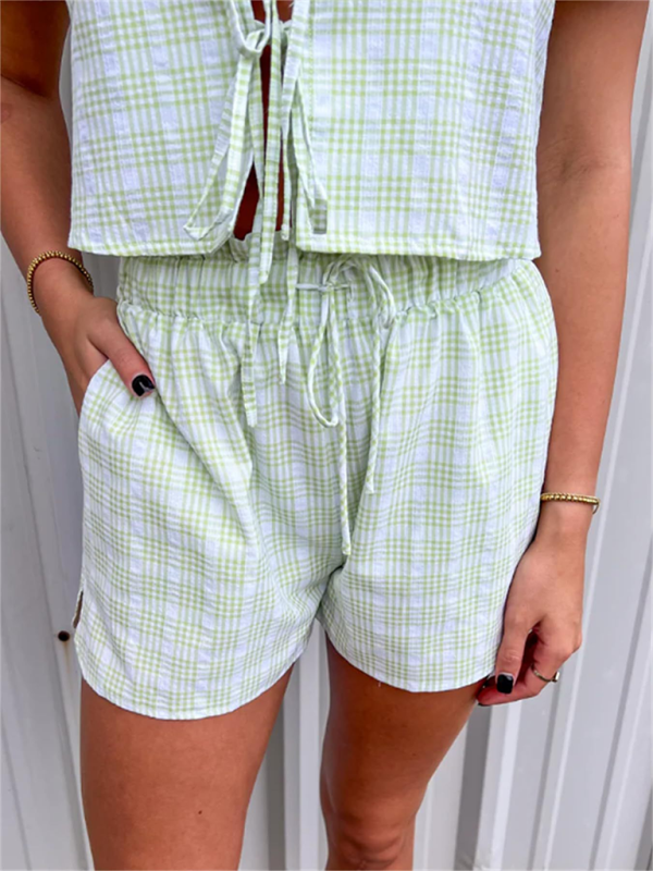 Blue Zone Planet | V-neck tie bow puff sleeve top casual shorts plaid two-piece suit-TOPS / DRESSES-[Adult]-[Female]-2022 Online Blue Zone Planet