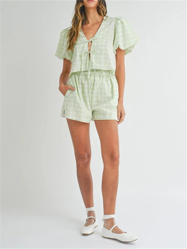 Blue Zone Planet | V-neck tie bow puff sleeve top casual shorts plaid two-piece suit-TOPS / DRESSES-[Adult]-[Female]-2022 Online Blue Zone Planet