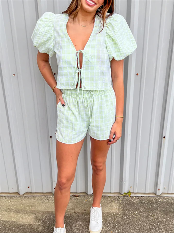 Blue Zone Planet | V-neck tie bow puff sleeve top casual shorts plaid two-piece suit-TOPS / DRESSES-[Adult]-[Female]-Green-S-2022 Online Blue Zone Planet