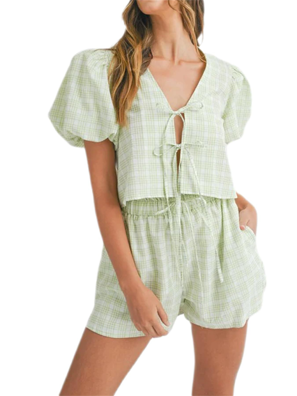 Blue Zone Planet | V-neck tie bow puff sleeve top casual shorts plaid two-piece suit-TOPS / DRESSES-[Adult]-[Female]-2022 Online Blue Zone Planet