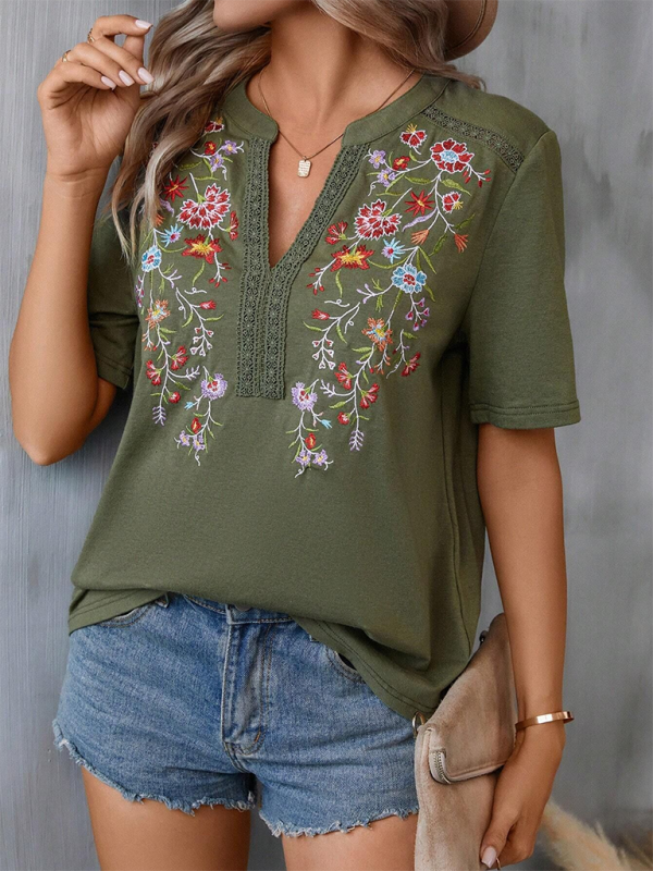 New women's fashion embroidery stitching lace top-[Adult]-[Female]-Olive green-S-2022 Online Blue Zone Planet