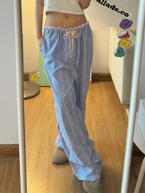 New holiday style striped lace stitching casual pants hot girl elastic waist straight loose trousers-[Adult]-[Female]-Clear blue-S-2022 Online Blue Zone Planet