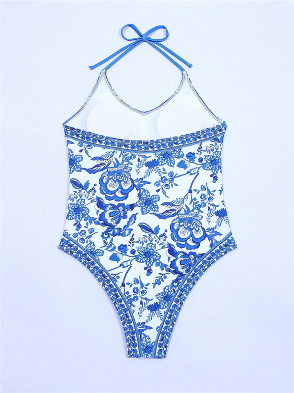 Blue Zone Planet | women's one-piece blue and white porcelain print slim fit swimsuit-TOPS / DRESSES-[Adult]-[Female]-2022 Online Blue Zone Planet