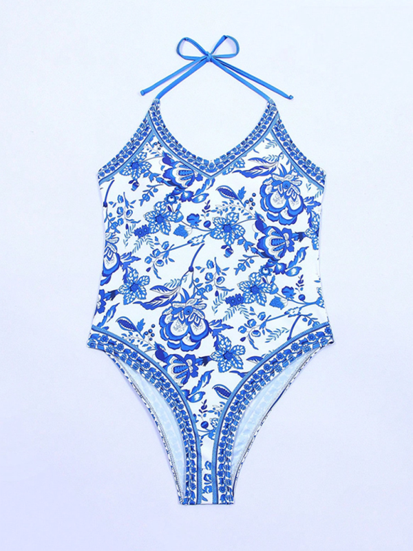 Blue Zone Planet | women's one-piece blue and white porcelain print slim fit swimsuit-TOPS / DRESSES-[Adult]-[Female]-2022 Online Blue Zone Planet